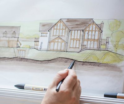 A drawing of an oak frame home