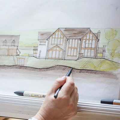 A drawing of an oak frame home