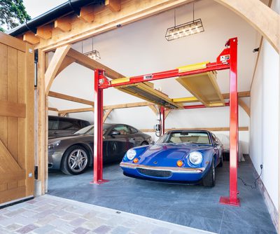 Oak frame garage with car lift