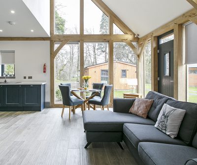 Inside a post and beam barn